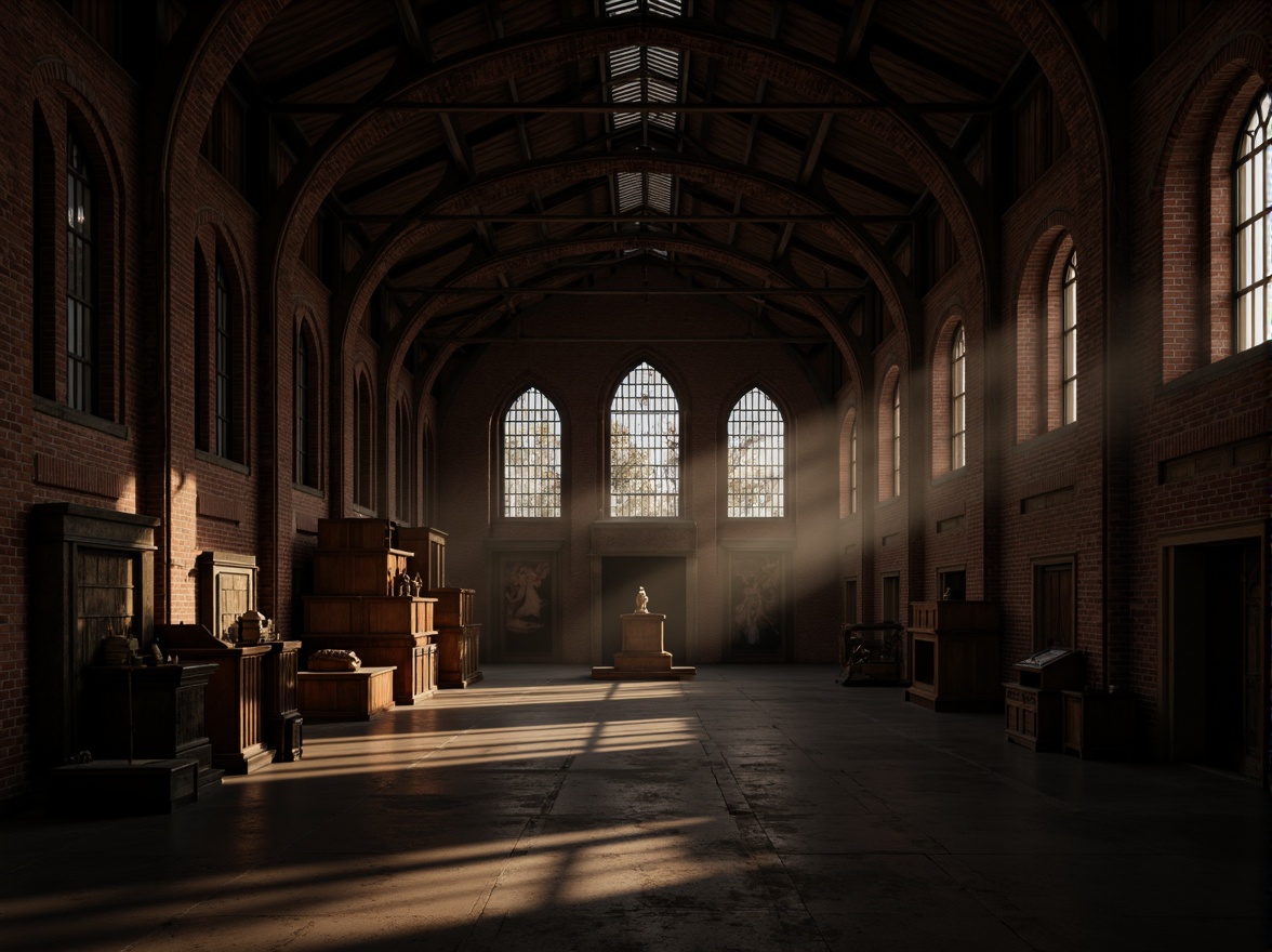 Prompt: Rustic warehouse interior, exposed brick walls, distressed wooden beams, industrial metal frames, grandiose Gothic arches, ornate stone carvings, stained glass windows, mysterious dim lighting, dramatic shadows, atmospheric fog effect, 1-point perspective composition, low-key warm color tone, rich textures, ambient occlusion.