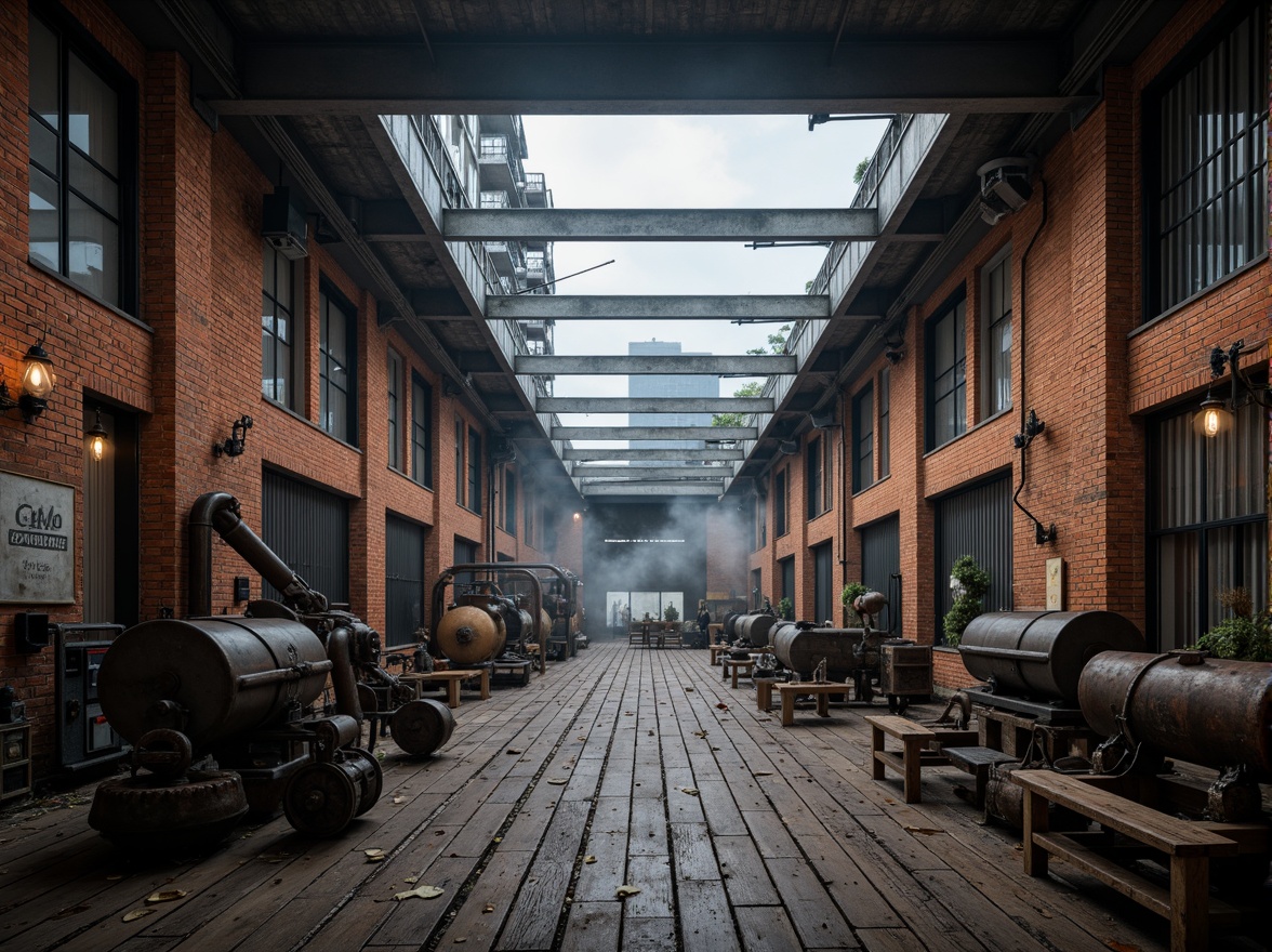 Prompt: Rustic industrial warehouse, exposed brick walls, metal beam ceilings, reclaimed wooden floors, vintage factory equipment, distressed concrete surfaces, urban cityscape, overcast skies, dramatic lighting, deep shadows, 3/4 composition, symmetrical framing, gritty textures, atmospheric fog, abandoned machinery, corrugated metal cladding, steel trusses, Edison bulb fixtures, industrial-chic decor, functional minimalism.