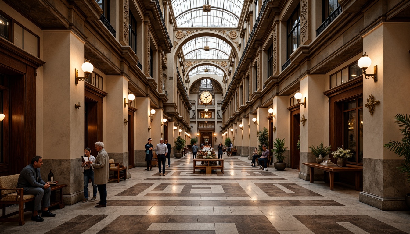 Prompt: \Grand banking hall, ornate rooflines, intricately carved stonework, majestic columns, imposing clock towers, richly patterned flooring, luxurious chandeliers, polished wooden accents, neoclassical fa\u00e7ade, symmetrical composition, dramatic lighting, warm earthy tones, subtle texture overlays, realistic atmospheric effects, 1/2 perspective view, detailed architectural ornaments, opulent interior decor, stately furniture pieces.\Please let me know if this meets your expectations or if you need any adjustments!