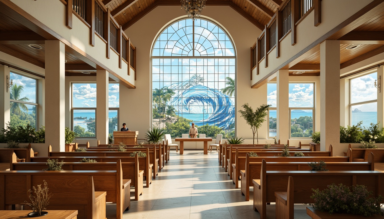 Prompt: Serene coastal church, ocean-inspired architecture, waves-patterned stained glass windows, driftwood accents, nautical-themed pews, shell-adorned altarpieces, soft sandy beige color palette, natural sea breeze ventilation, rustic wooden textures, dramatic coastal views, cantilevered balconies, panoramic ocean vistas, warm golden lighting, shallow depth of field, 1/2 composition, symmetrical perspective, realistic wave simulations, ambient occlusion.Please let me know if this meets your requirements!