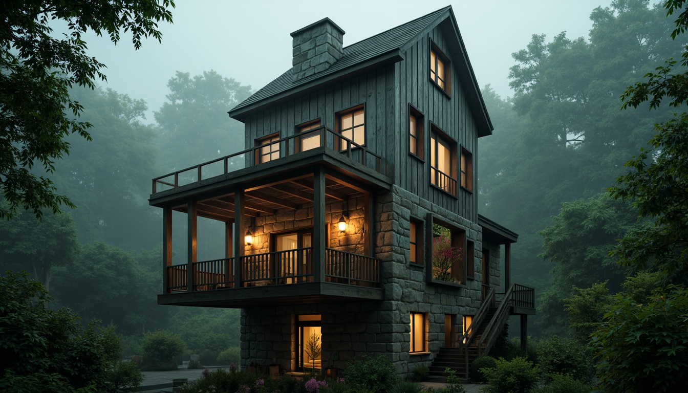 Prompt: Elevated watchtower, rugged stone walls, wooden accents, lantern-style lighting, winding staircases, narrow windows, mystical atmosphere, misty surroundings, lush green forests, ancient trees, overgrown vegetation, mysterious fog, warm golden lighting, cinematic composition, symmetrical framing, shallow depth of field, realistic textures, ambient occlusion.