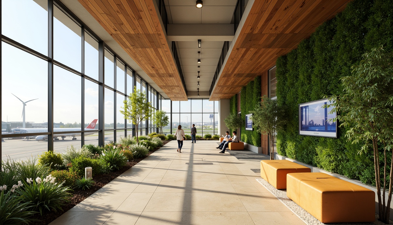 Prompt: Sustainable airport terminal, large windows, natural light, bamboo flooring, reclaimed wood accents, living green walls, solar panels, wind turbines, energy-efficient systems, rainwater harvesting, grey water reuse, low-carbon concrete, recycled steel structures, eco-friendly roofing materials, organic landscaping, native plant species, bird-friendly habitats, warm earthy tones, soft diffused lighting, shallow depth of field, 1/1 composition, realistic textures, ambient occlusion.