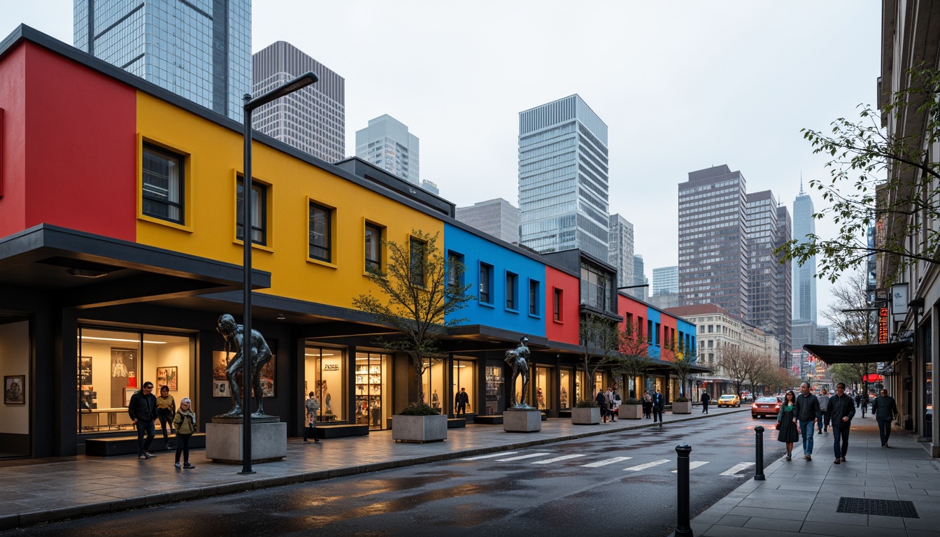 Prompt: Geometric train station facade, bold primary colors, rectangular windows, flat roofs, functional minimalism, industrial materials, steel frames, glass surfaces, cantilevered canopies, abstract sculptures, urban landscape, busy streets, modern cityscape, overcast sky, dramatic shadows, high-contrast lighting, 2/3 composition, symmetrical framing, gritty textures, cinematic atmosphere.