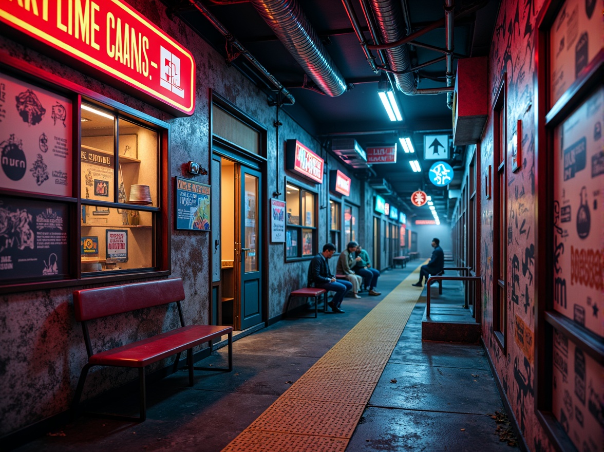 Prompt: Vibrant tram station, bold neon lights, bright primary colors, metallic surfaces, reflective materials, abstract patterns, fragmented forms, irregular shapes, contrasting textures, eclectic mix of old and new elements, distressed finishes, industrial aesthetic, exposed ductwork, urban decay, gritty atmosphere, moody lighting, cinematic ambiance, dramatic shadows, 3/4 composition, low-angle shot, atmospheric perspective.