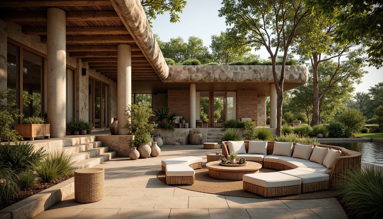 Prompt: Earthy tone, natural stone walls, reclaimed wood accents, living green roofs, bamboo flooring, rattan furniture, organic curves, earthy color palette, sustainable building materials, eco-friendly design, serene atmosphere, soft warm lighting, shallow depth of field, 3/4 composition, panoramic view, realistic textures, ambient occlusion.