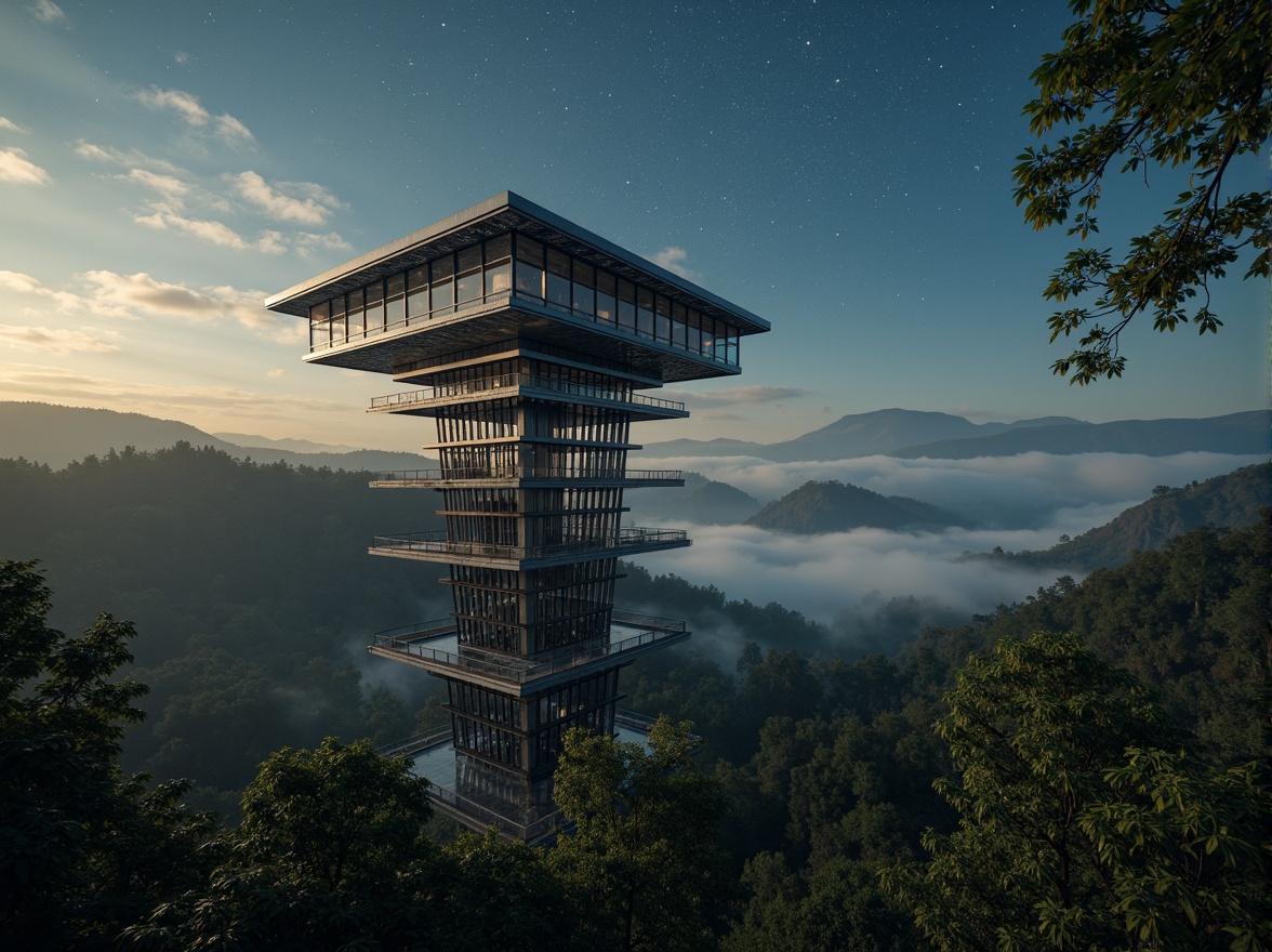 Prompt: Sleek watching tower, futuristic architecture, metallic latticework, cantilevered decks, panoramic views, atmospheric mist, mystical forest surroundings, twinkling starry night sky, warm golden lighting, shallow depth of field, 1/2 composition, symmetrical balance, minimalist elegance, industrial materials, weathered steel textures, glassy reflections, ambient occlusion.