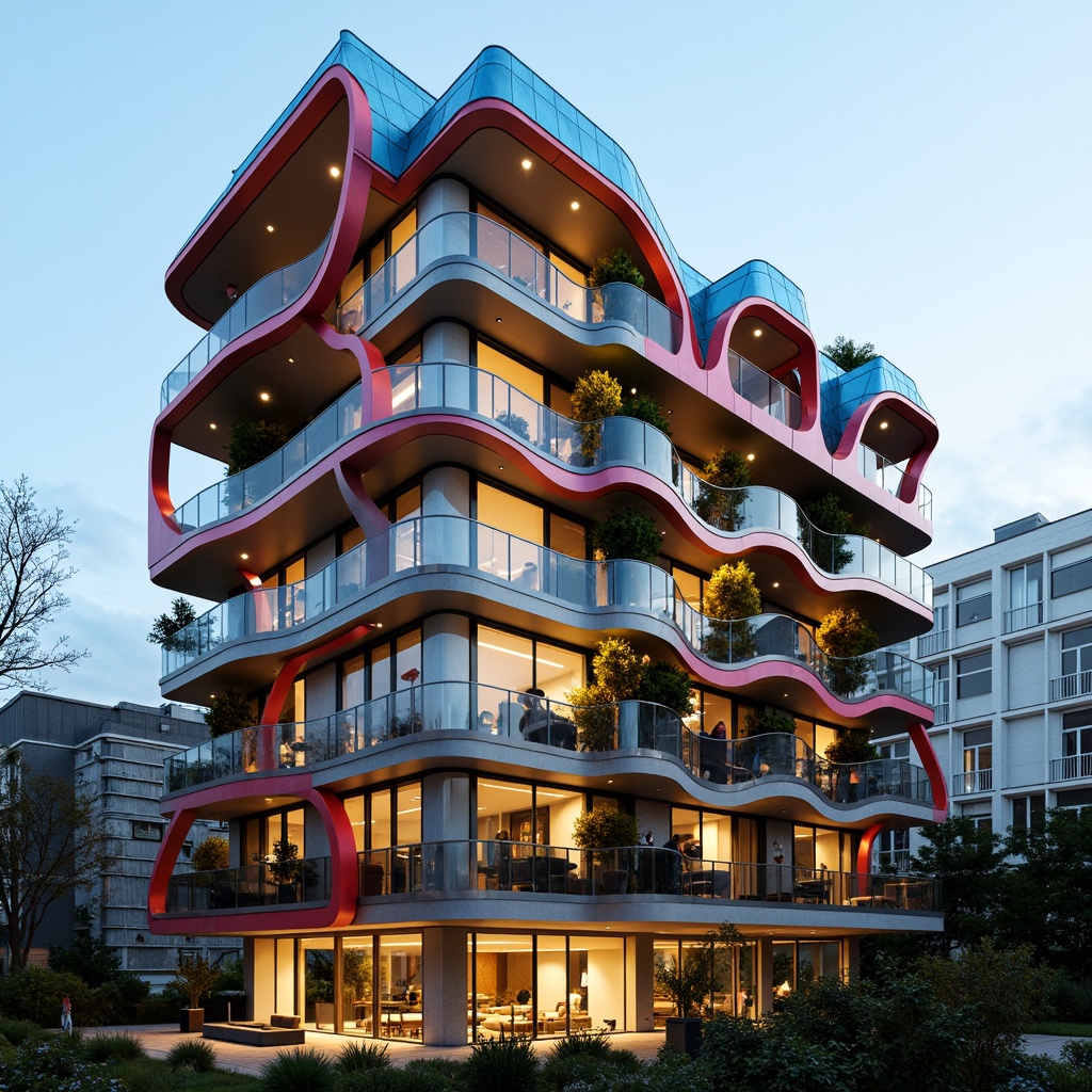 Prompt: Vibrant residential facade, experimental architecture, bold color schemes, irregular shapes, cantilevered structures, dynamic lines, futuristic materials, metallic cladding, glass balconies, LED lighting installations, urban landscape, cityscape views, morning mist, soft warm glow, shallow depth of field, 2/3 composition, symmetrical framing, abstract patterns, geometric textures, ambient occlusion.