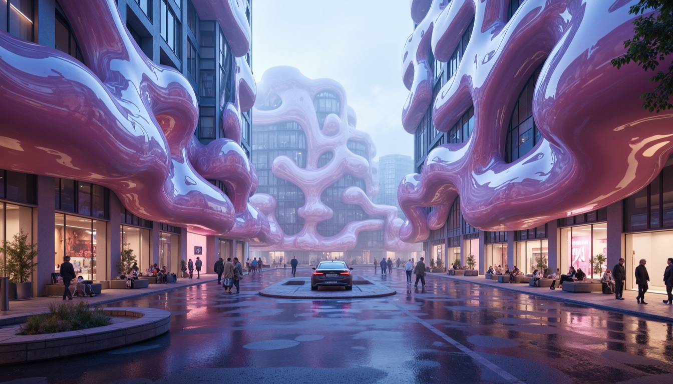 Prompt: Organic blob-shaped buildings, translucent membranous structures, iridescent color-shifting materials, glossy reflective surfaces, soft luminescent glows, fluid-inspired shapes, amoeba-like forms, futuristic sci-fi aesthetics, neon-lit cityscapes, misty atmospheric conditions, shallow depth of field, 1/1 composition, realistic textures, ambient occlusion, metallic accents, holographic projections.