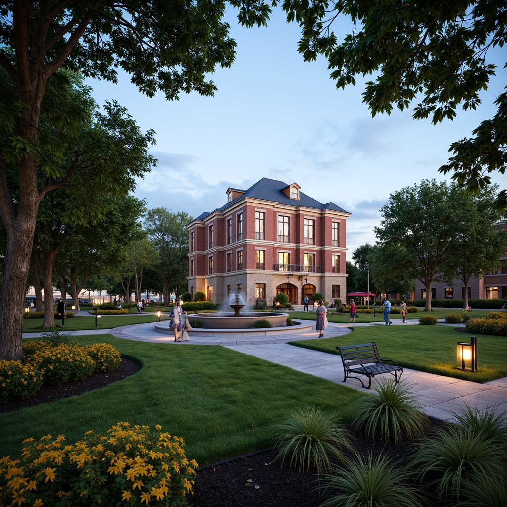 Prompt: Historic courthouse building, manicured lawn, ornate fountain, blooming flower beds, vibrant seasonal plants, walking paths, decorative lampposts, rustic stone walls, mature shade trees, elegant benches, sophisticated streetlights, subtle evening lighting, 1/2 composition, symmetrical framing, realistic textures, ambient occlusion.