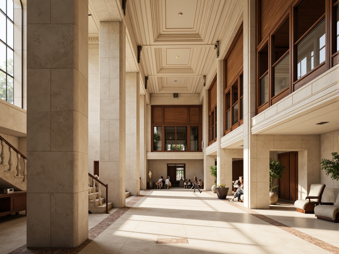 Prompt: Elegant courthouse, neoclassical architecture, symmetrical facade, ionic columns, ornate details, cream-colored stone walls, rich wood accents, sophisticated color palette, harmonious contrast, warm beige tones, cool gray undertones, subtle golden highlights, refined interior spaces, grand staircases, high ceilings, natural light, soft diffused lighting, shallow depth of field, central axis composition, realistic textures, ambient occlusion.