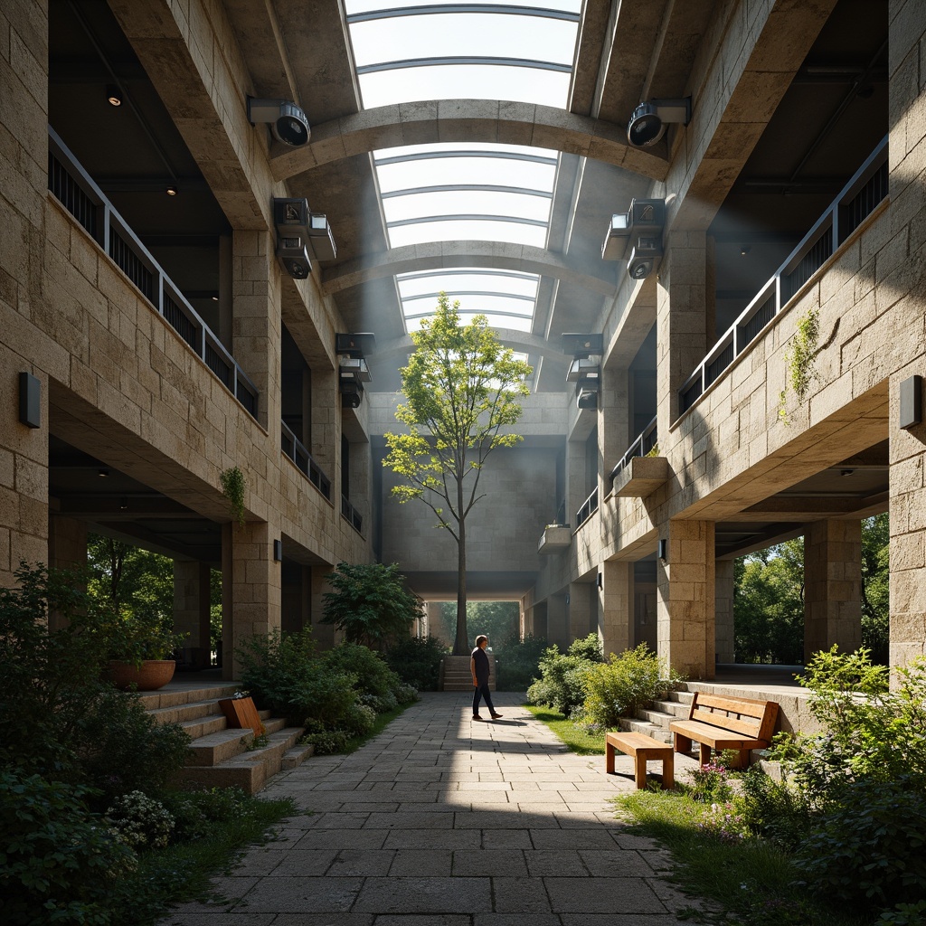 Prompt: Rugged stone amphitheater, brutalist architecture, natural light pouring in, overhead skylights, raw concrete walls, exposed ductwork, industrial metal beams, wooden bench seating, lush greenery, scattered trees, dramatic shadows, high-contrast lighting, warm afternoon sun, soft diffused illumination, atmospheric mist, shallow depth of field, 1/1 composition, symmetrical framing, realistic textures, ambient occlusion.