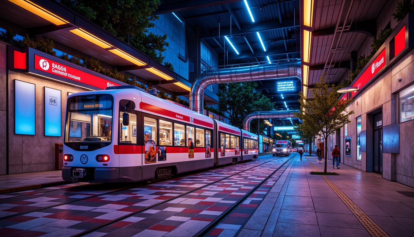 Prompt: Vibrant tram station, neon-colored accents, bold geometric patterns, bright LED lights, iridescent glass tiles, metallic surfaces, reflective stainless steel, industrial-style signage, urban landscape, busy streetscape, modern cityscape, eclectic mix of materials, exposed ductwork, angular lines, abstract art installations, futuristic atmosphere, high-contrast lighting, shallow depth of field, 1/2 composition, wide-angle lens, moody evening light, realistic textures, ambient occlusion.