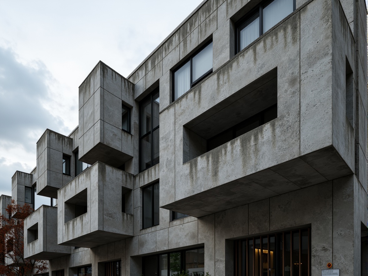 Prompt: Brutalist concrete facade, rugged texture, angular lines, geometric shapes, industrial materials, urban cityscape, overcast sky, dramatic shadows, high-contrast lighting, bold architectural forms, cantilevered structures, raw unfinished surfaces, minimalist ornamentation, functional simplicity, brutal honesty, 1/1 composition, low-angle shot, cinematic atmosphere, realistic render.