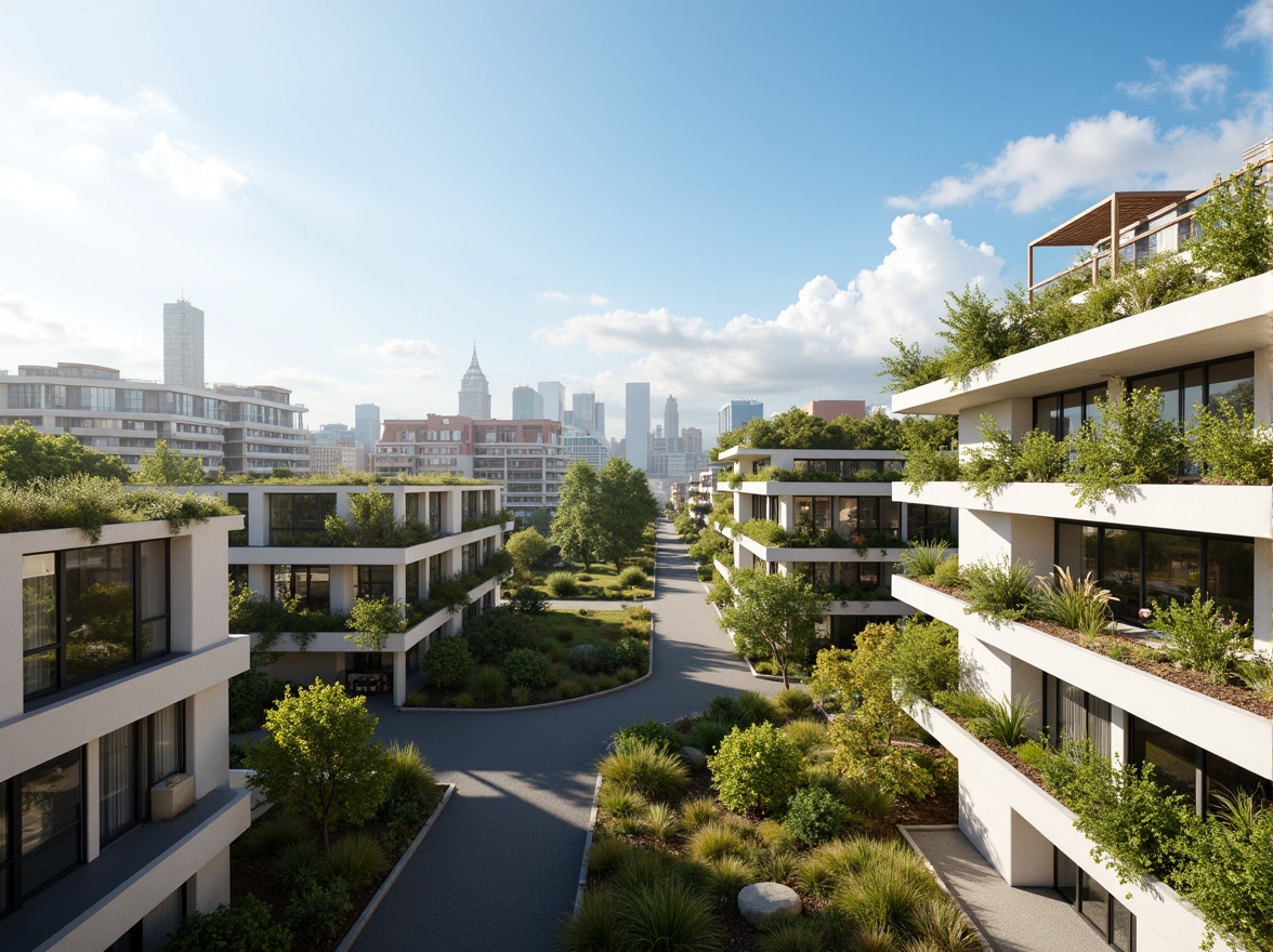 Prompt: Eco-friendly buildings, green roofs, solar panels, wind turbines, water conservation systems, recycled materials, minimalist design, natural ventilation, abundant daylight, living walls, urban gardens, futuristic cityscape, clear blue sky, warm sunny day, soft diffused lighting, 3/4 composition, panoramic view, realistic textures, ambient occlusion.