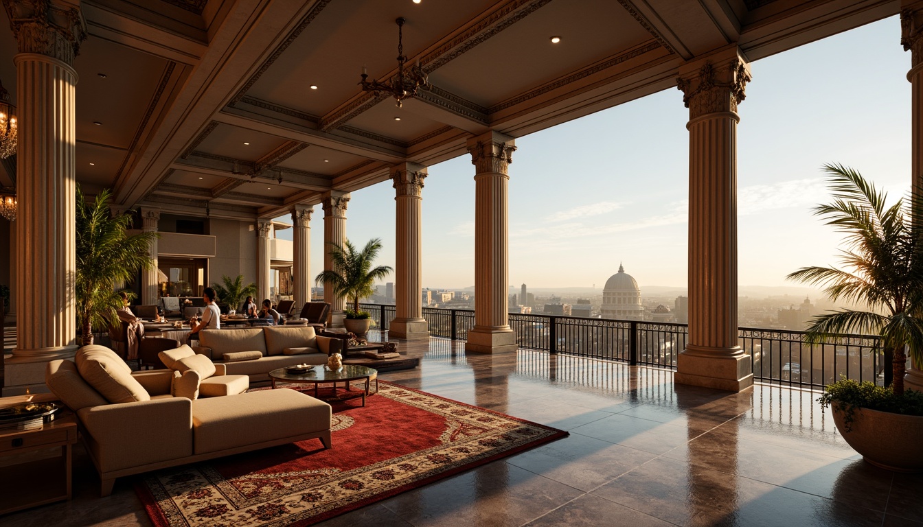 Prompt: Luxurious penthouse, Romanesque style, grandiose high ceilings, ornate columns, intricate stone carvings, lavish furnishings, rich textures, velvety soft carpets, marble floors, crystal chandeliers, floor-to-ceiling windows, breathtaking city views, panoramic skyline, warm golden lighting, shallow depth of field, 1/2 composition, atmospheric misting, realistic reflections, ambient occlusion.