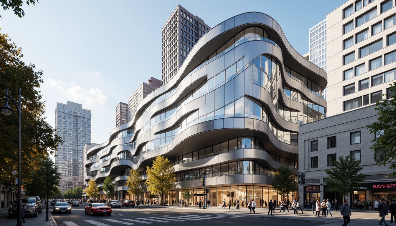 Prompt: Elegant building facade, sweeping curved lines, fluid organic shapes, stainless steel materials, reflective glass surfaces, minimalist design, modern architecture, urban cityscape, busy streets, vibrant cultural atmosphere, natural light pouring, soft warm illumination, shallow depth of field, 1/1 composition, panoramic view, realistic textures, ambient occlusion.