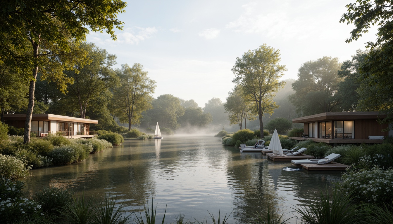 Prompt: Serene lakeside, lush vegetation, towering trees, wooden dock, sailing boats, rippling water, misty atmosphere, soft warm lighting, shallow depth of field, 3/4 composition, panoramic view, realistic textures, ambient occlusion, modern minimalist architecture, curved lines, green roofs, eco-friendly materials, innovative irrigation systems, natural stone walls, reclaimed wood accents, floor-to-ceiling windows, sliding glass doors.