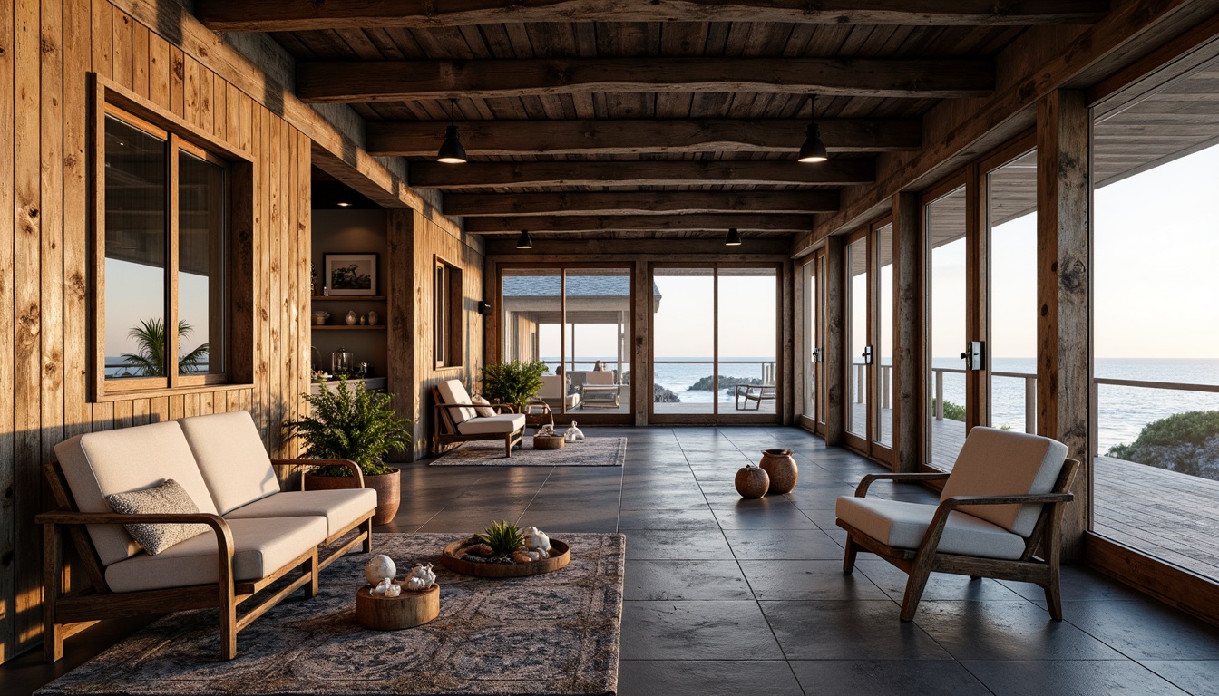 Prompt: Weathered wooden dock, rusty metalware, nautical ropes, ocean-inspired color palette, natural stone flooring, reclaimed wood accents, large windows, sliding glass doors, panoramic coastal views, soft warm lighting, shallow depth of field, 3/4 composition, realistic textures, ambient occlusion, open-air workstations, collaborative workshop spaces, modern minimalist furniture, eclectic decorative elements, vintage nautical artifacts, driftwood sculptures, seashell-inspired accessories, coral-patterned rugs, ocean-breeze ventilation systems.