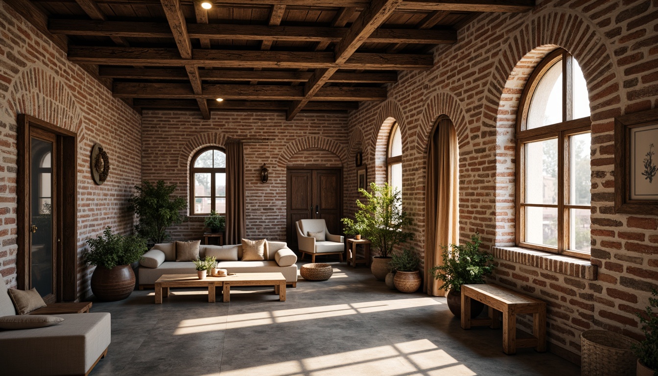 Prompt: Rustic loft building, Romanesque fa\u00e7ade, arched windows, ornate stone carvings, worn brick walls, distressed wooden beams, industrial metal accents, reclaimed wood textures, earthy color palette, natural lighting, soft warm ambiance, shallow depth of field, 1/1 composition, close-up shot, realistic materials, ambient occlusion.