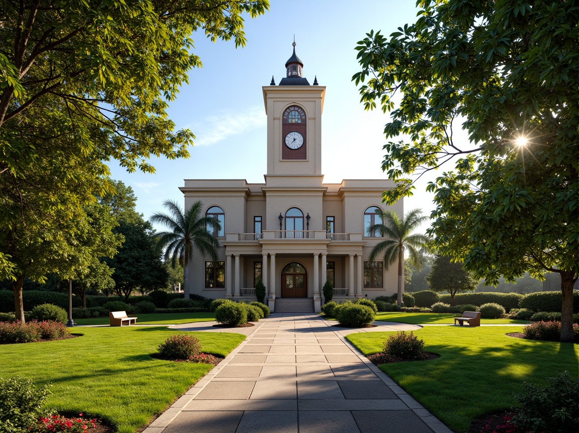 Prompt: Historic courthouse building, majestic clock tower, lush green lawns, vibrant flower beds, mature shade trees, meandering walkways, ornate benches, classic lampposts, natural stone pathways, manicured hedges, seasonal blooming plants, warm sunny day, soft diffused lighting, 3/4 composition, panoramic view, realistic textures, ambient occlusion.