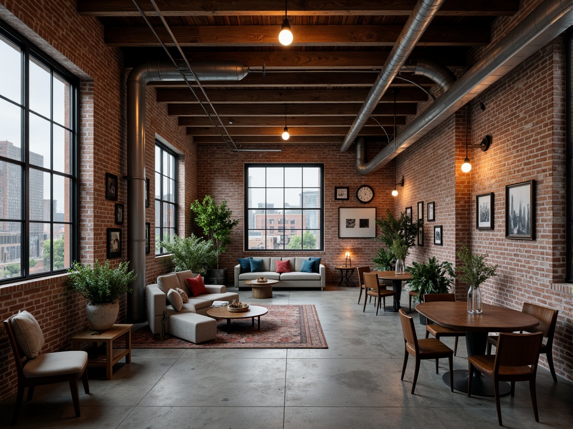 Prompt: Exposed brick walls, industrial pipes, metal beams, reclaimed wood accents, urban loft atmosphere, converted warehouse space, modern functional design, minimalist decor, Edison bulb lighting, polished concrete floors, steel windows, industrial-style furniture, distressed finishes, eclectic art pieces, urban cityscape views, moody atmospheric lighting, shallow depth of field, 2/3 composition, realistic textures.