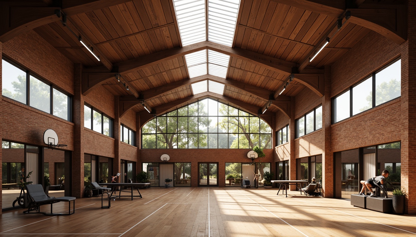 Prompt: Regionalist gymnasium interior, exposed brick walls, wooden accents, vaulted ceiling, clerestory windows, natural light pouring in, athletic equipment, basketball hoops, tennis tables, free weights, exercise machines, mirrored walls, polished wood floors, rustic metal beams, earthy color palette, warm atmosphere, dramatic lighting, shallow depth of field, 2/3 composition, realistic textures, ambient occlusion.