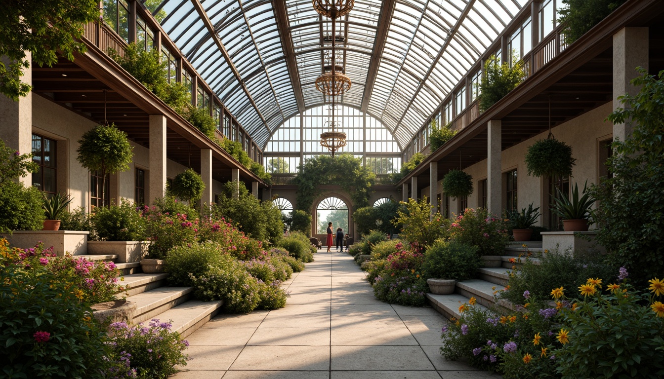 Prompt: Grandiose greenhouse, lavish foliage, intricate ironwork, ornate stone carvings, curved glass roofs, vibrant flower arrangements, delicate ceramic tiles, rustic wooden accents, natural stone pathways, opulent chandeliers, soft warm lighting, shallow depth of field, 3/4 composition, symmetrical framing, realistic textures, ambient occlusion.