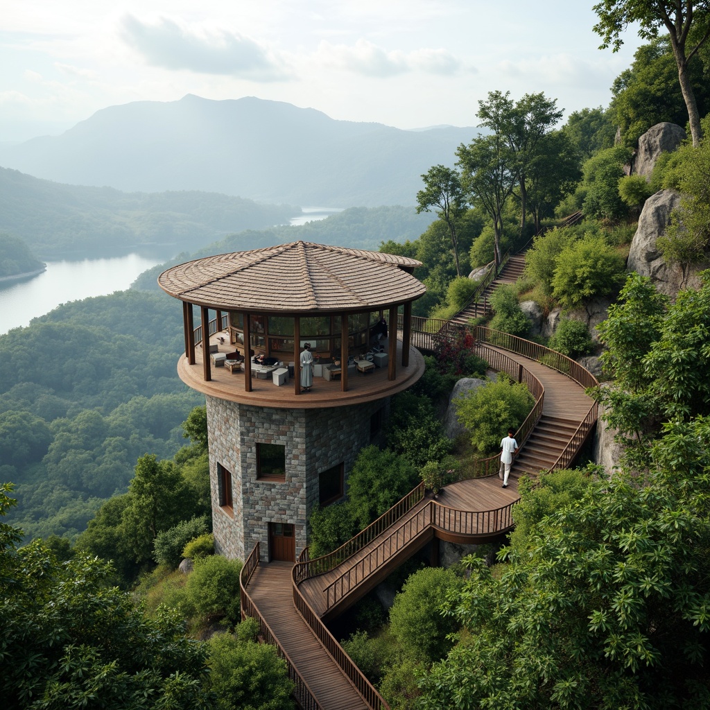 Prompt: Panoramic watching tower, rustic stone walls, wooden observation decks, lush green roofs, verdant surroundings, serene lake views, misty mountains, rolling hills, natural trails, winding staircases, scenic lookout points, binoculars installations, bird-watching platforms, nature-inspired sculptures, earthy color schemes, organic textures, soft warm lighting, shallow depth of field, 1/1 composition, realistic foliage, ambient occlusion.