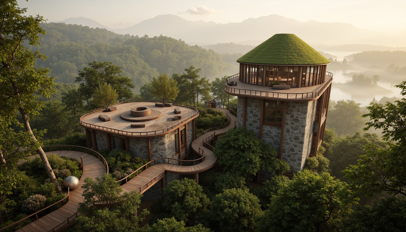 Prompt: Panoramic viewing platform, elevated watchtower, rustic wooden decks, winding staircases, natural stone walls, lush green roofs, surrounding forest landscape, misty morning atmosphere, warm golden lighting, shallow depth of field, 1/2 composition, realistic foliage, ambient occlusion, subtle texture details, earthy color palette, organic architecture, blending with nature, minimal visual impact, eco-friendly design, sustainable materials, bird's eye view, serene ambiance.