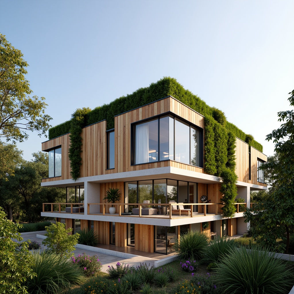 Prompt: Eco-friendly building, reclaimed wood accents, low-carbon concrete, living green walls, solar panels, wind turbines, rainwater harvesting systems, green roofs, bamboo flooring, recycled glass surfaces, minimalist design, natural ventilation, large windows, clerestory windows, soft warm lighting, 3/4 composition, panoramic view, realistic textures, ambient occlusion.