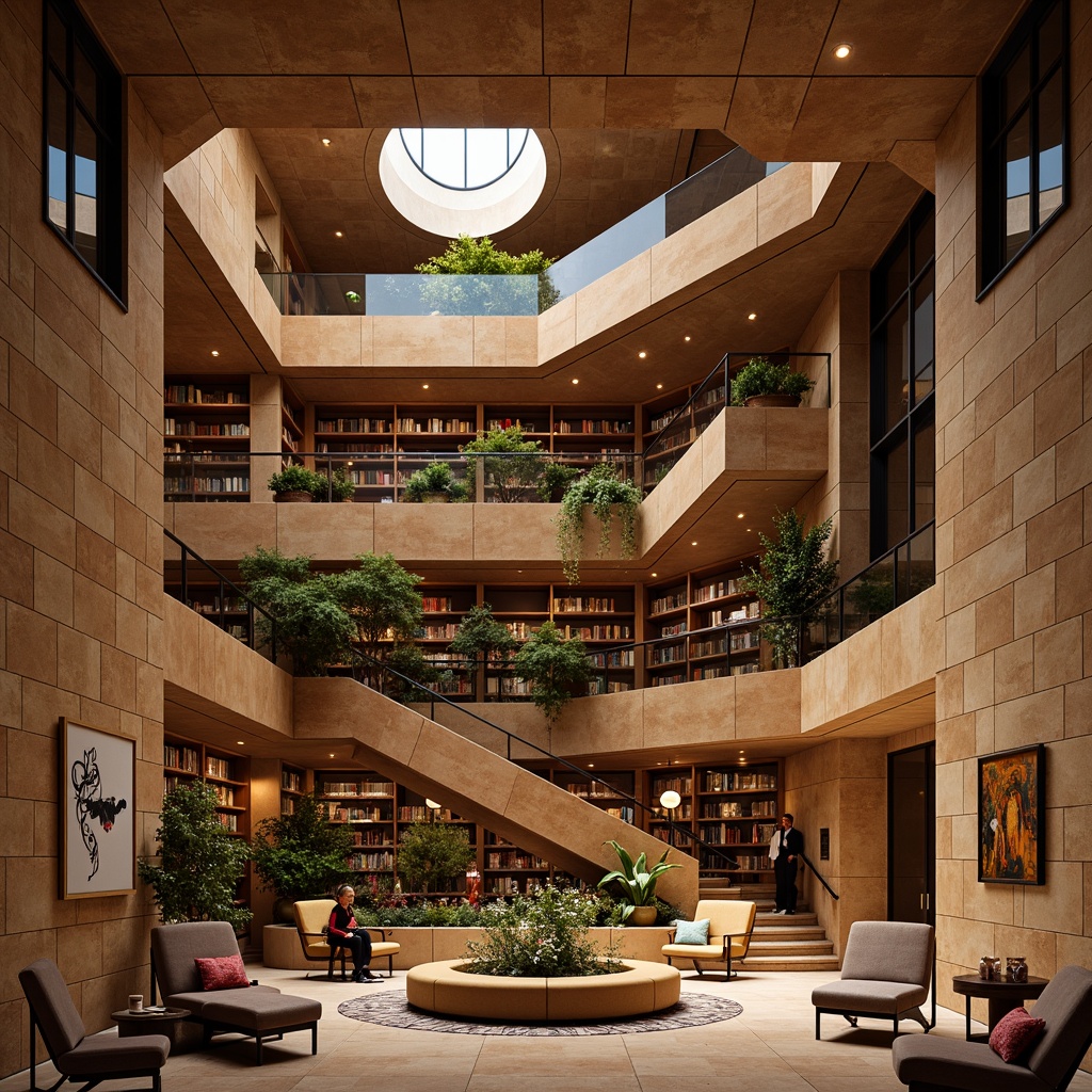 Prompt: Vibrant library facade, expressionist architecture, bold geometric shapes, irregular angles, dynamic volumes, rich textures, contrasting materials, bronze accents, grand entrance, sweeping staircases, dramatic lighting, warm beige stone walls, dark wood tones, eclectic furnishings, abstract art pieces, cozy reading nooks, floor-to-ceiling bookshelves, soft warm glow, 1/1 composition, shallow depth of field, cinematic mood.