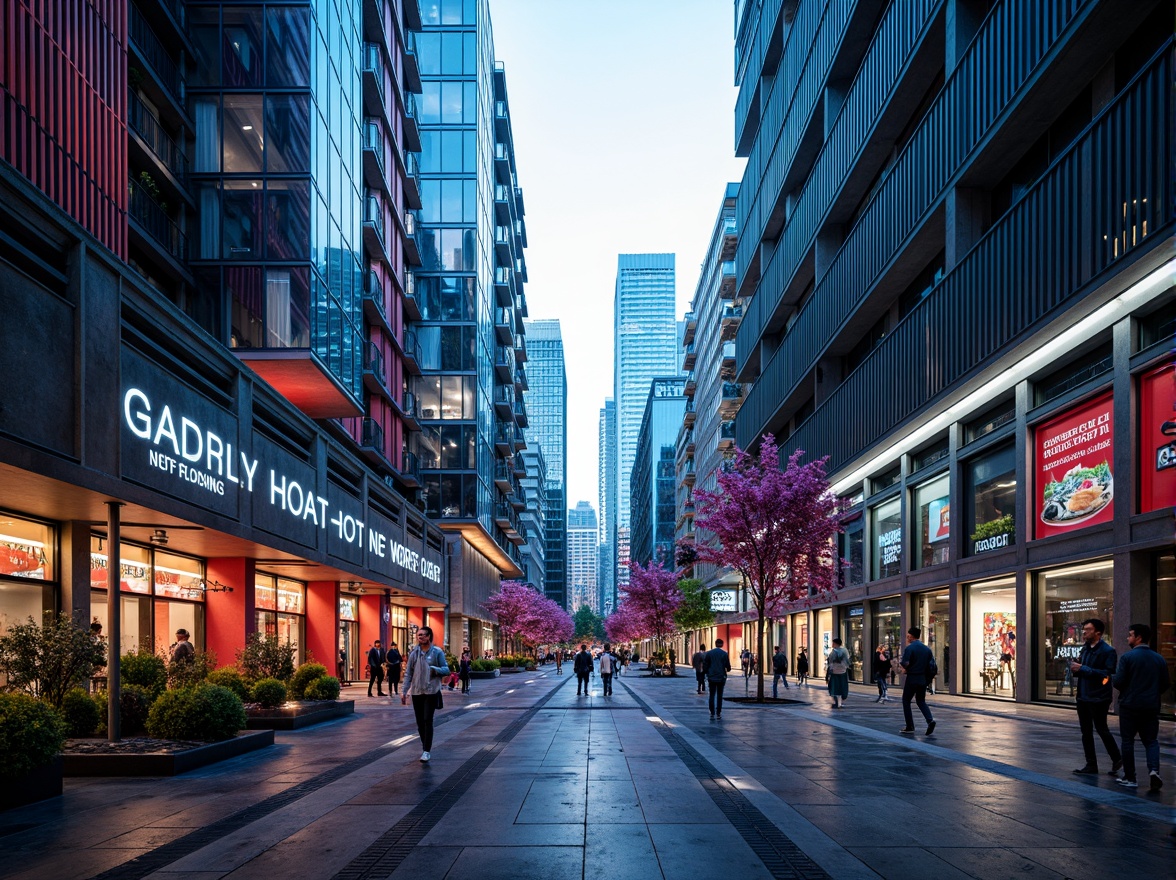 Prompt: Vibrant urban landscape, modern skyscrapers, sleek glass facades, steel beams, polished concrete floors, dynamic color scheme, bold accents, neon lights, cityscape views, abstract art installations, futuristic ambiance, high-contrast lighting, sharp shadows, 1/1 composition, symmetrical framing, cinematic mood, realistic renderings, advanced materials, cutting-edge technologies.