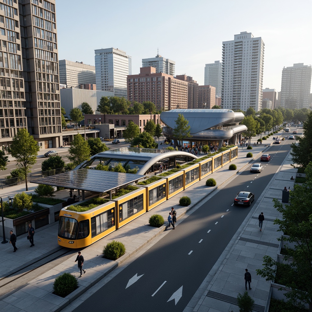 Prompt: Curved tram station, futuristic blob-like design, urban integration, green roofs, solar panels, natural ventilation systems, spacious interior, modern LED lighting, sleek glass fa\u00e7ade, angular metal beams, vibrant cityscape, bustling streets, pedestrian-friendly infrastructure, eco-friendly transportation hub, efficient traffic flow, morning commute, soft diffused lighting, shallow depth of field, 1/1 composition, realistic textures, ambient occlusion.