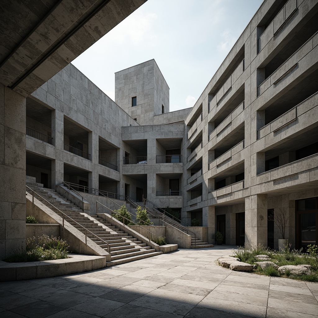 Prompt: Rugged amphitheater, brutalist architecture, exposed concrete structures, raw unfinished textures, bold geometric forms, monumental staircases, dramatic cantilevered roofs, robust columnar supports, weathered stone walls, harsh angular lines, minimalist ornamentation, natural light pouring in, dramatic shadows, high-contrast lighting, cinematic composition, symmetrical framing, stark monochromatic color scheme, distressed metal accents, industrial materials, functional simplicity, imposing massing, grandiose scale.