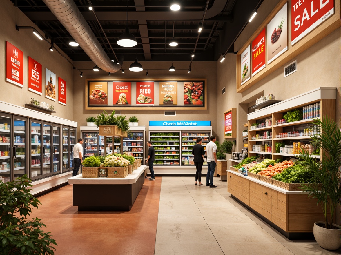 Prompt: Vibrant grocery store interior, warm beige walls, rich wood accents, crisp white shelves, bold red sale signs, fresh green produce displays, appetizing food graphics, modern metal fixtures, sleek glass refrigerators, earthy terracotta flooring, natural stone countertops, soft overhead lighting, shallow depth of field, 1/1 composition, realistic textures, ambient occlusion.