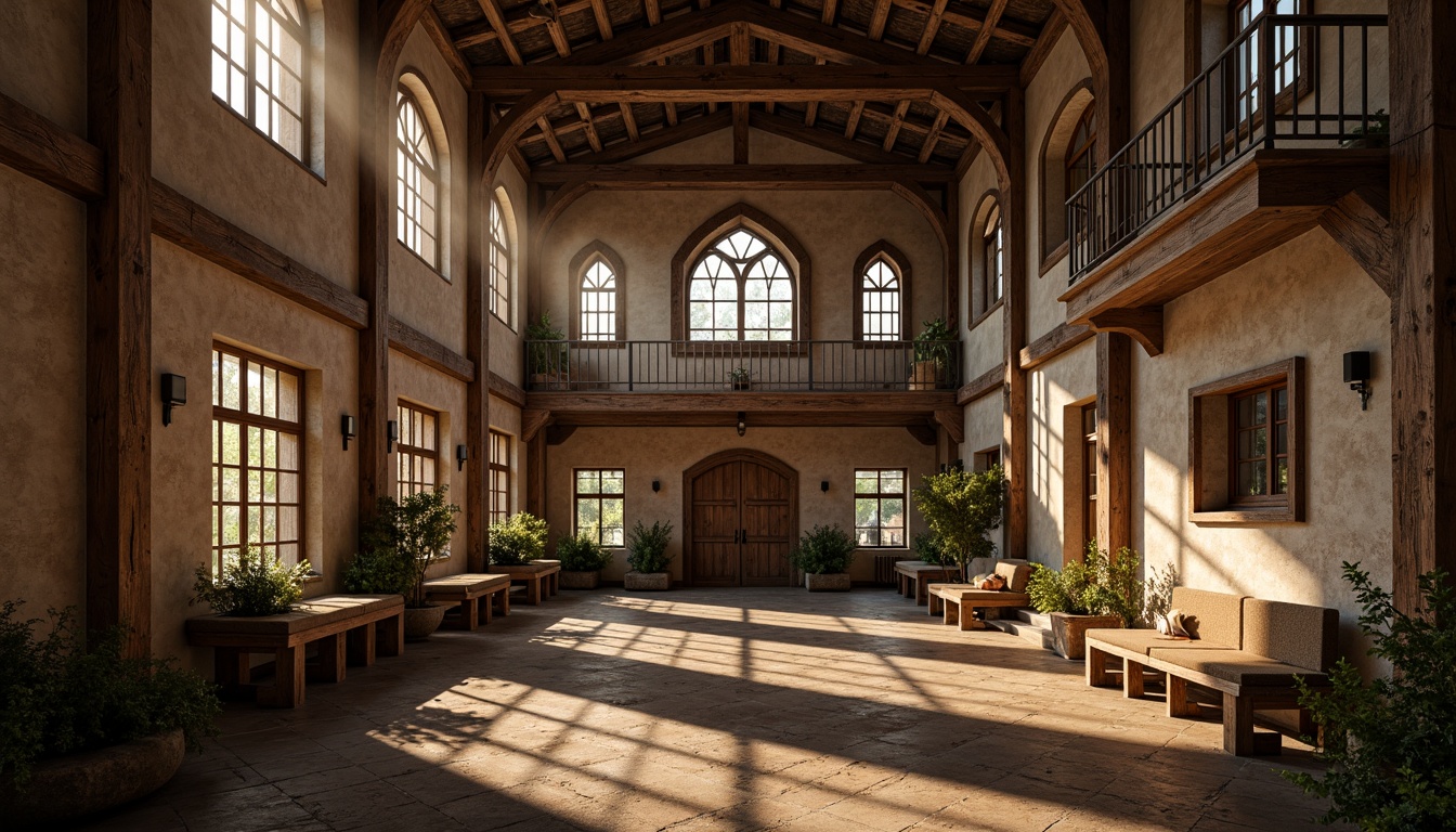 Prompt: Rustic loft building, Romanesque fa\u00e7ade, arched windows, stone walls, ornate carvings, Gothic-inspired details, distressed wood accents, earthy color palette, warm golden lighting, dramatic shadows, atmospheric mist, 1/1 composition, shallow depth of field, symmetrical view, detailed textures, ambient occlusion.