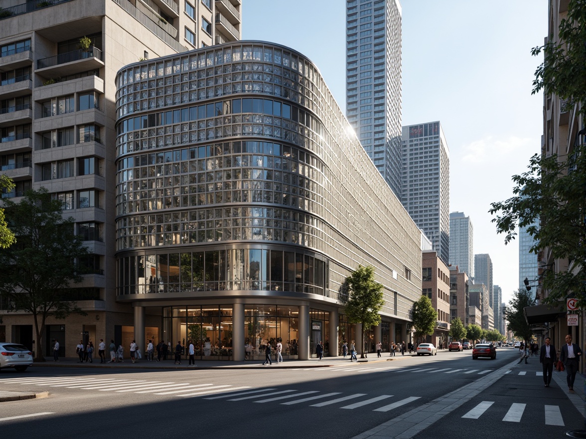 Prompt: Curved building facade, horizontal lines, rounded corners, metallic materials, chrome accents, glass blocks, minimalist ornamentation, nautical-inspired design, ocean liner aesthetics, urban cityscape, busy street scene, morning sunlight, soft shadows, shallow depth of field, 2/3 composition, symmetrical balance, high-contrast lighting, detailed textures, subtle reflections.