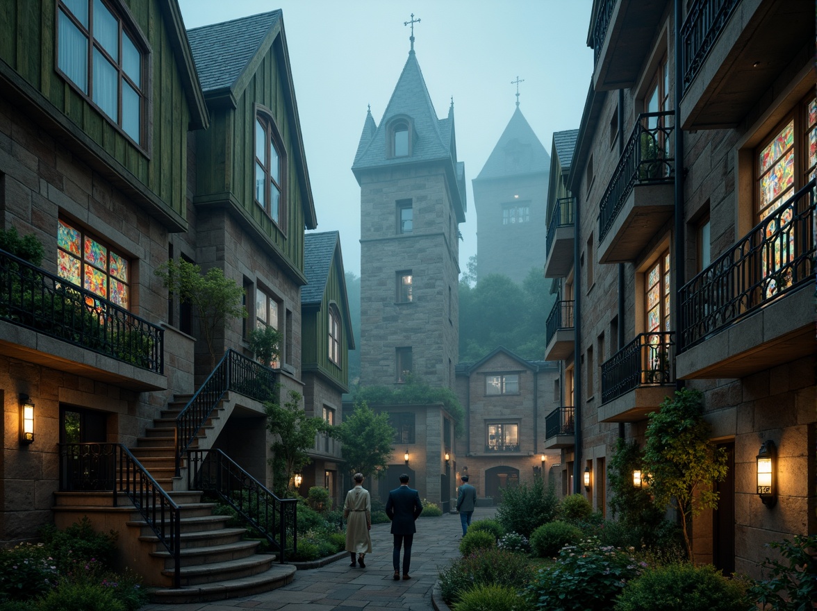 Prompt: Dramatic medieval towers, mystical misty atmosphere, rolling hills, winding stone staircases, grandiose Gothic arches, ornate ironwork balconies, vibrant stained glass windows, intricate stonework patterns, lush green ivy climbing walls, soft warm candlelight, shallow depth of field, 1/2 composition, romantic misty lighting, nostalgic color palette, cinematic framing, atmospheric perspective.