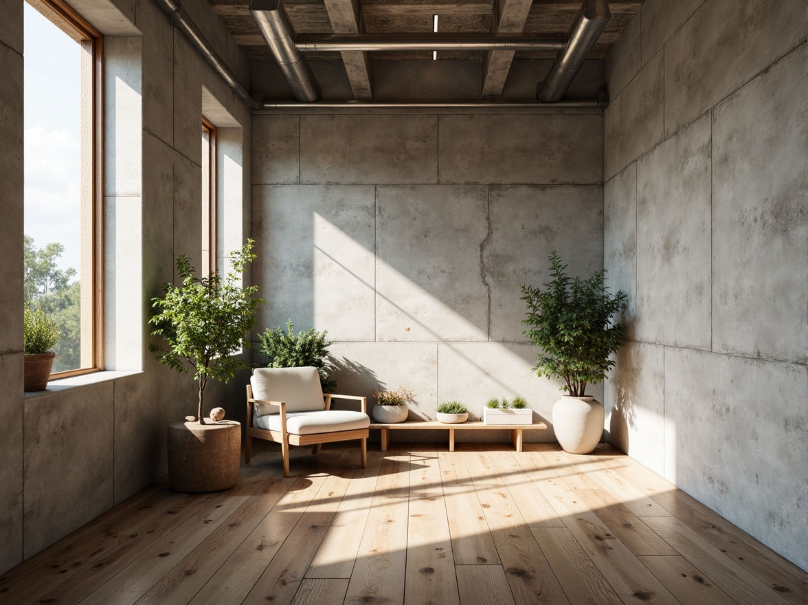 Prompt: Raw concrete walls, polished wooden floors, industrial metal beams, minimalist decor, sparse greenery, natural light pouring, subtle shadows, clean lines, monochromatic color palette, Scandinavian-inspired furniture, simple geometric shapes, organic textures, soft focus, shallow depth of field, 1/1 composition, intimate atmosphere, warm ambient lighting.