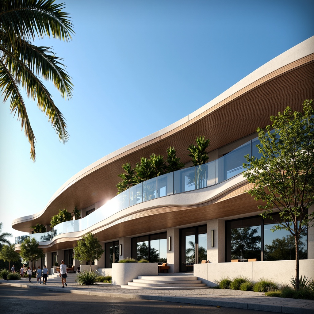 Prompt: Curved building facade, metallic materials, chrome accents, sleek lines, minimalist ornamentation, large windows, horizontal emphasis, nautical influences, ocean-inspired colors, wave-like patterns, tropical plants, sunny day, warm lighting, shallow depth of field, 3/4 composition, panoramic view, realistic reflections, ambient occlusion.Note