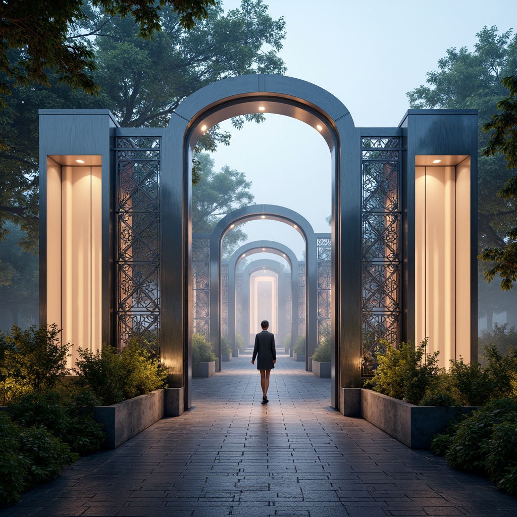 Prompt: Ethereal entrance, iridescent gates, shimmering metal frames, luminous glass panels, delicate filigree details, soft warm glow, subtle ambient lighting, misty atmosphere, morning dew, serene natural surroundings, organic curves, futuristic architecture, sleek minimalist design, modern LED installations, intricate laser-cut patterns, holographic displays, futuristic urban landscape, high-tech infrastructure.