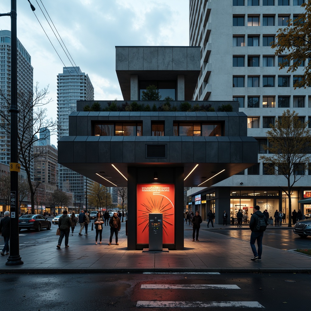 Prompt: Rugged charging station, brutalist architecture, raw concrete facade, industrial metal cladding, bold geometric shapes, exposed ductwork, neon signage, urban cityscape, busy street scene, moody cloudy day, dramatic high-contrast lighting, deep shadows, 1/1 composition, symmetric framing, realistic metallic textures, subtle ambient occlusion.