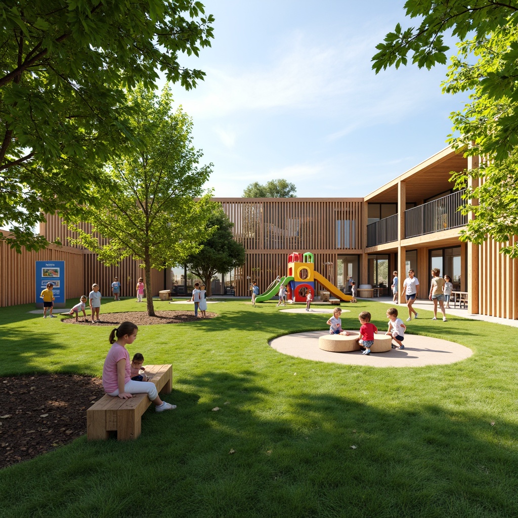 Prompt: Vibrant kindergarten playground, natural wood fences, soft green grass, colorful outdoor toys, educational signage, circular gathering spaces, open-air classrooms, wooden benches, shade-providing trees, modern minimalist architecture, large windows, sliding glass doors, bright warm lighting, shallow depth of field, 1/2 composition, panoramic view, realistic textures, ambient occlusion.