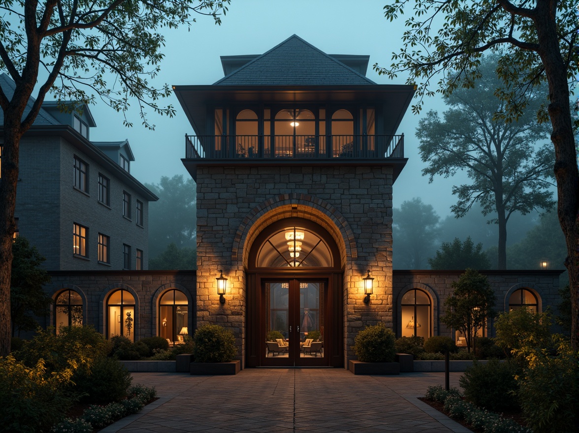 Prompt: Elegant watchtower, rustic stone walls, wooden accents, medieval-inspired architecture, dramatic Gothic arches, grandiose entrance gates, ornate ironwork, lantern-style lighting, mystical misty atmosphere, dense foggy surroundings, eerie twilight ambiance, warm golden hour lighting, cinematic composition, symmetrical framing, high contrast ratio, intricate stonework textures, mysterious ambient sounds.