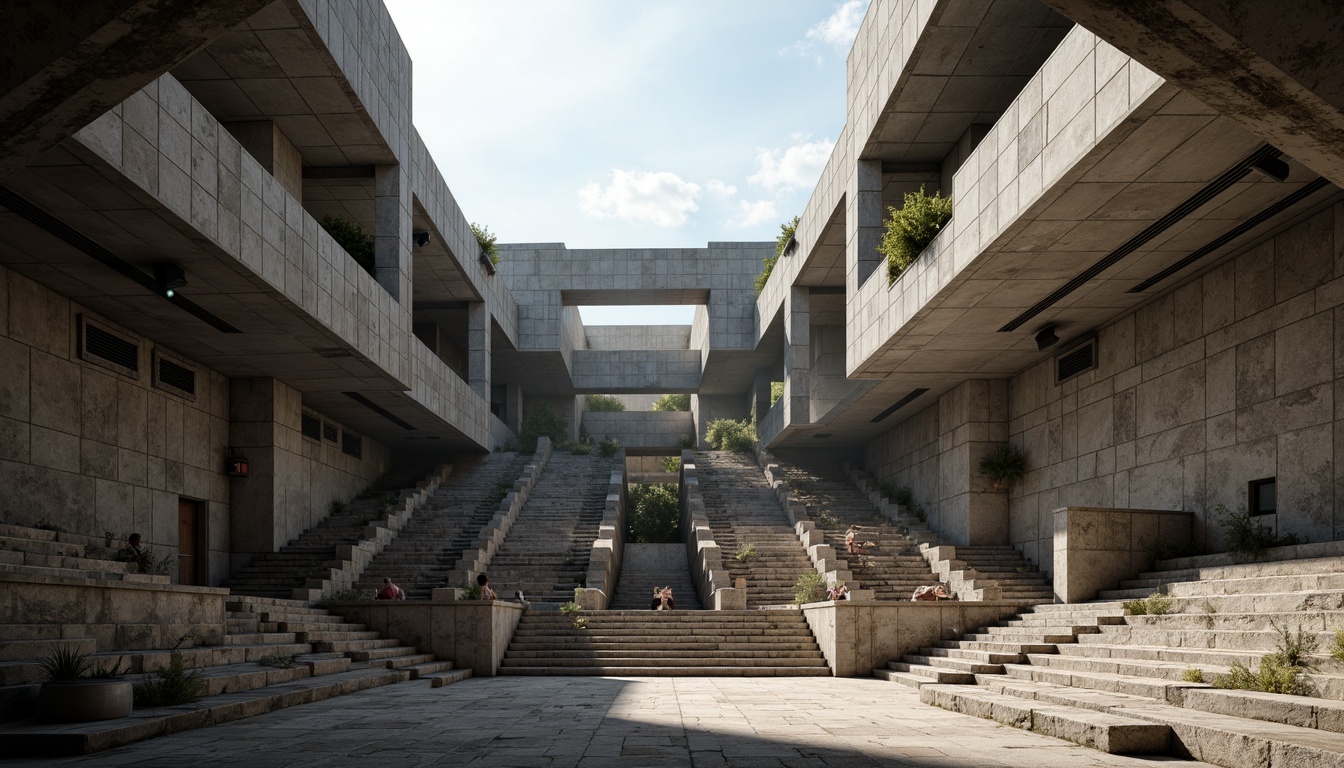 Prompt: Rugged amphitheater, brutalist architecture, raw concrete structures, exposed ductwork, industrial pipes, cantilevered seating areas, steep staircases, angular lines, minimalist design, natural stone walls, monumental scale, dramatic shadow play, high-contrast lighting, 1-point perspective composition, cinematic atmosphere, gritty textures, ambient occlusion.