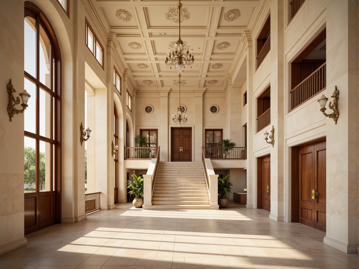 Prompt: Elegant courthouse facade, symmetrical columns, ornate details, subtle cream colors, rich wood tones, polished marble floors, grand staircases, sweeping archways, stately chandeliers, soft warm lighting, nuanced shadowing, 1/1 composition, frontal view, realistic textures, ambient occlusion, harmonious color palette, beige accents, muted gold ornaments, sophisticated interior design.