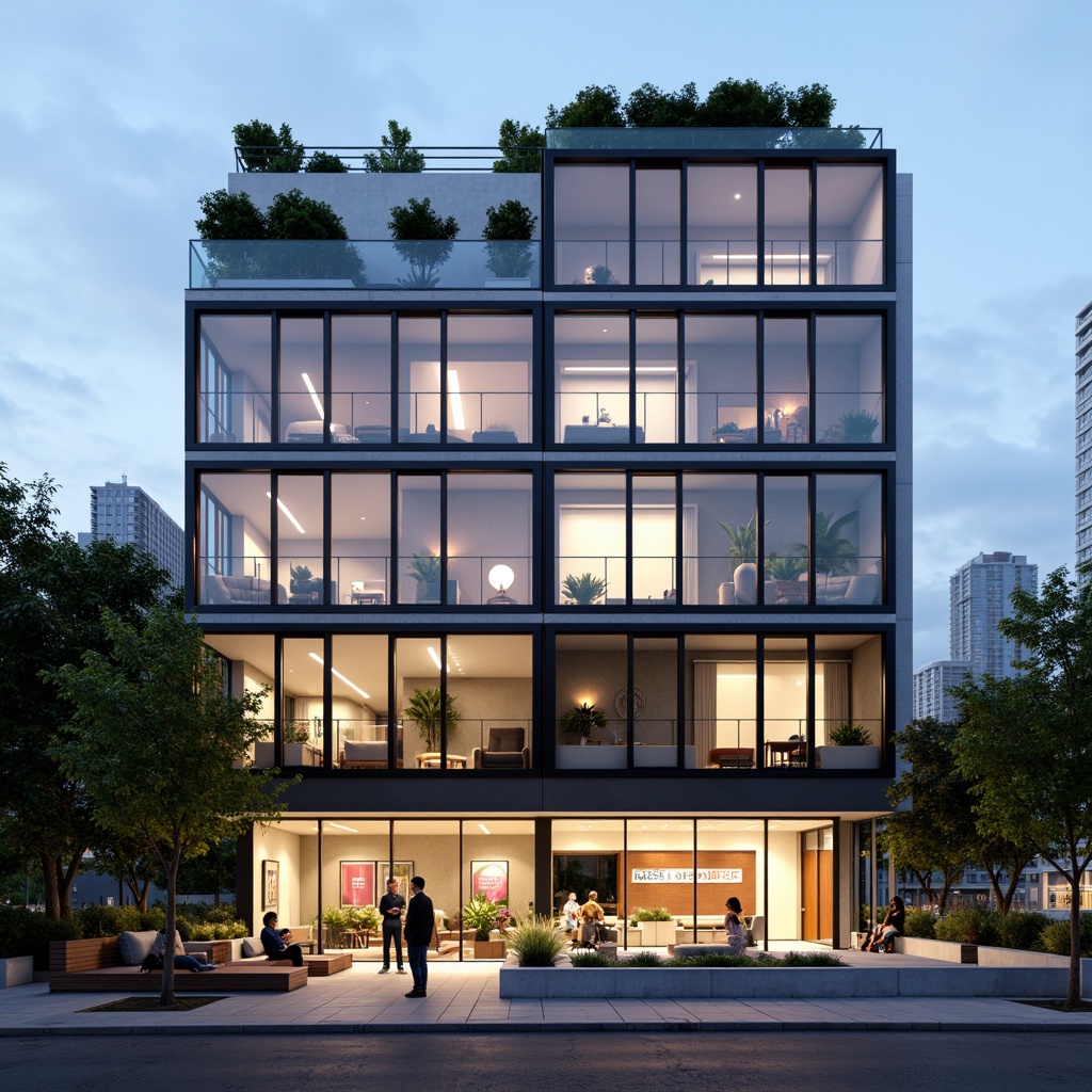 Prompt: Modern dormitory building, minimalist facade, clean lines, rectangular shapes, large windows, glass balconies, steel frames, industrial materials, urban landscape, cityscape views, soft natural light, shallow depth of field, 1/1 composition, realistic textures, ambient occlusion, vibrant accent colors, bold typography, sleek signage, modern furniture, cozy communal spaces, abstract geometric patterns, concrete flooring, wooden accents, futuristic ambiance, dynamic lighting effects.