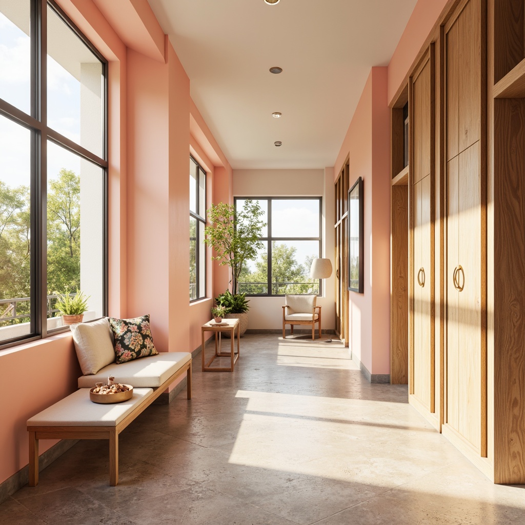 Prompt: Vibrant modern interior, pastel color scheme, soft peach tones, creamy whites, rich wood accents, metallic gold hardware, natural stone flooring, large windows, abundant sunlight, 3/4 composition, shallow depth of field, warm atmospheric lighting, realistic textures, ambient occlusion.