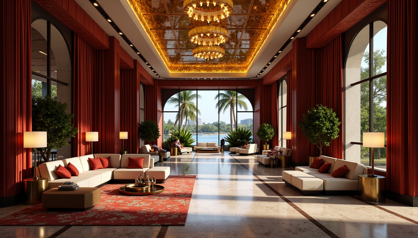 Prompt: Luxurious hotel lobby, bold contrasting colors, rich velvet fabrics, polished marble floors, ornate golden fixtures, lavish chandeliers, modern minimalist furniture, sleek metal accents, warm ambient lighting, shallow depth of field, 1/1 composition, panoramic view, realistic textures, ambient occlusion, tropical plants, elegant water features, soft background music, sophisticated atmosphere, refined elegance, dramatic verticality.