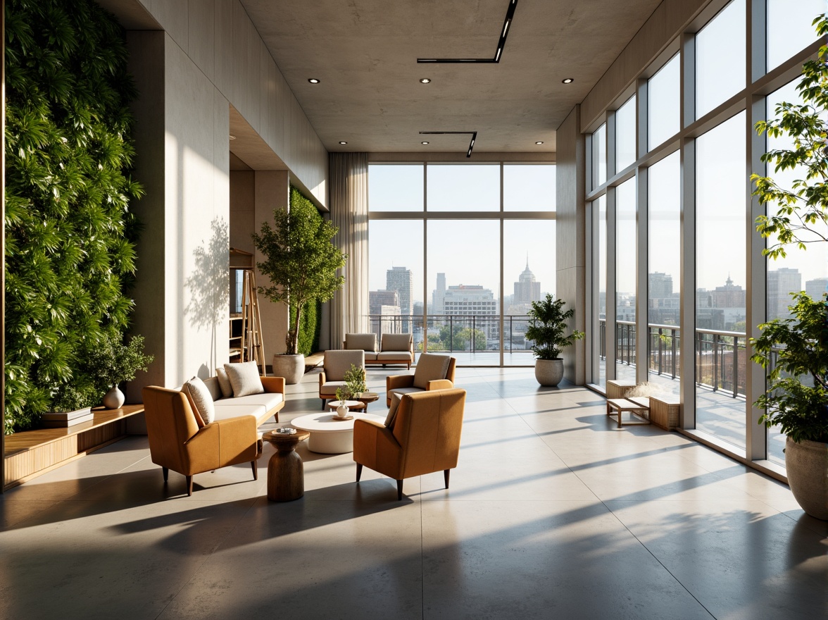 Prompt: Vast open areas, minimalist decor, natural light pouring in, sleek modern furniture, polished concrete floors, green walls, vertical gardens, airy atmosphere, spacious rooms, floor-to-ceiling windows, sliding glass doors, panoramic views, urban skyline, sunny day, warm lighting, shallow depth of field, 3/4 composition, realistic textures, ambient occlusion.